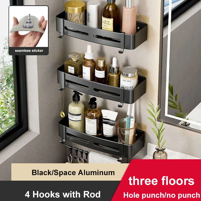 Aluminum Corner Shower Rack - Wall Mounted Bathroom Storage Organizer