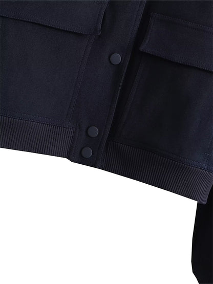 Women Bomber Jacket - Solid V Neck Single Breasted Polyester Coat With Pockets