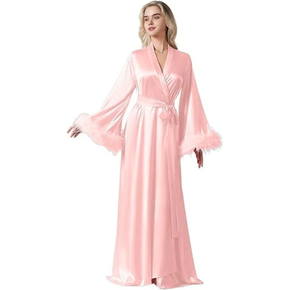 Long Feather Sleeve Bathrobe Sexy Ice Silk Kimono Wedding Bride Dress Women Loose Sleepwear Loungewear Casual Nightgown