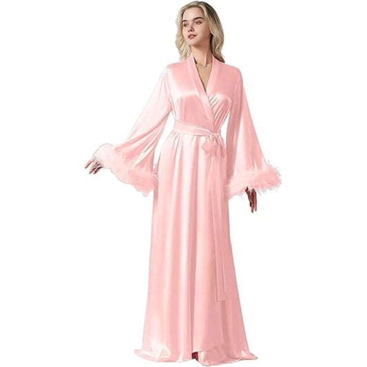Long Feather Sleeve Bathrobe Sexy Ice Silk Kimono Wedding Bride Dress Women Loose Sleepwear Loungewear Casual Nightgown