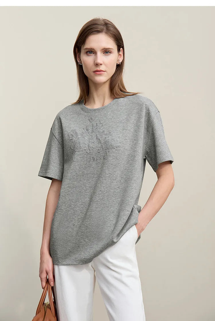 Amii Women's T-Shirt 2026 Summer New Round Neck Drop Shoulder Cotton Tee Lace Embroidered Woman Loose Fit knit Tops 12622048