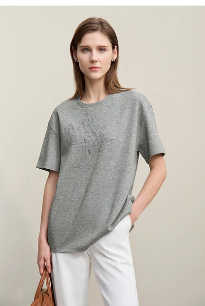 Amii Women's T-Shirt 2026 Summer New Round Neck Drop Shoulder Cotton Tee Lace Embroidered Woman Loose Fit knit Tops 12622048