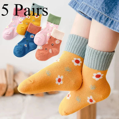 5 Pairs of Four-season Baby Socks Spring & Fall Cartoon Kitten Winter Mid-tube Socks Boys and Girls  Socks Toddler