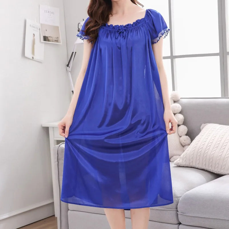 Ice Silk Lace Long Sleepwear V-neck Sleepwear Set Nightdress Homewear Nightwear Pyjamas Female  Nightgown Loose Plus Size