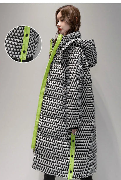 2023 Winter Warm  Plaid Long  Coat Women ' s Fashion Thicken Hooded Puffer Jacket Female Windproof Warm Outwear