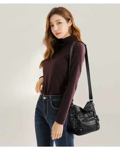 Soft Leather Shoulder Bag - Women's Crossbody Double Layered Large Capacity Tote