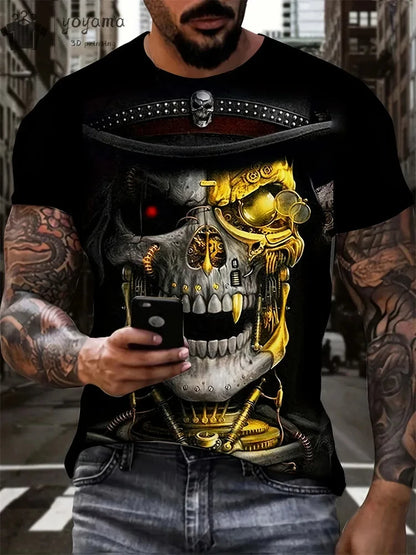 Mens Oversized 3D Skull Print T-Shirt - Summer Horror Fashion Tee - ZOOMNSTORE