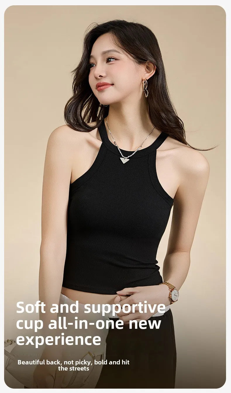 Threaded Halter Neck Camisole Top With Build-in Bra High Elastic Slim-fitting Sling Fixed Cup Breathable Women Underwear