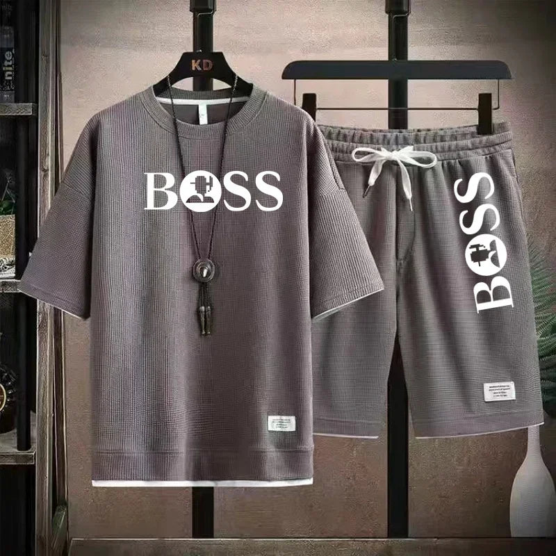 Fashion men's casual sports set new 2025 summer outdoor breathable round neck men short sleeve T-shirt + shorts two sets