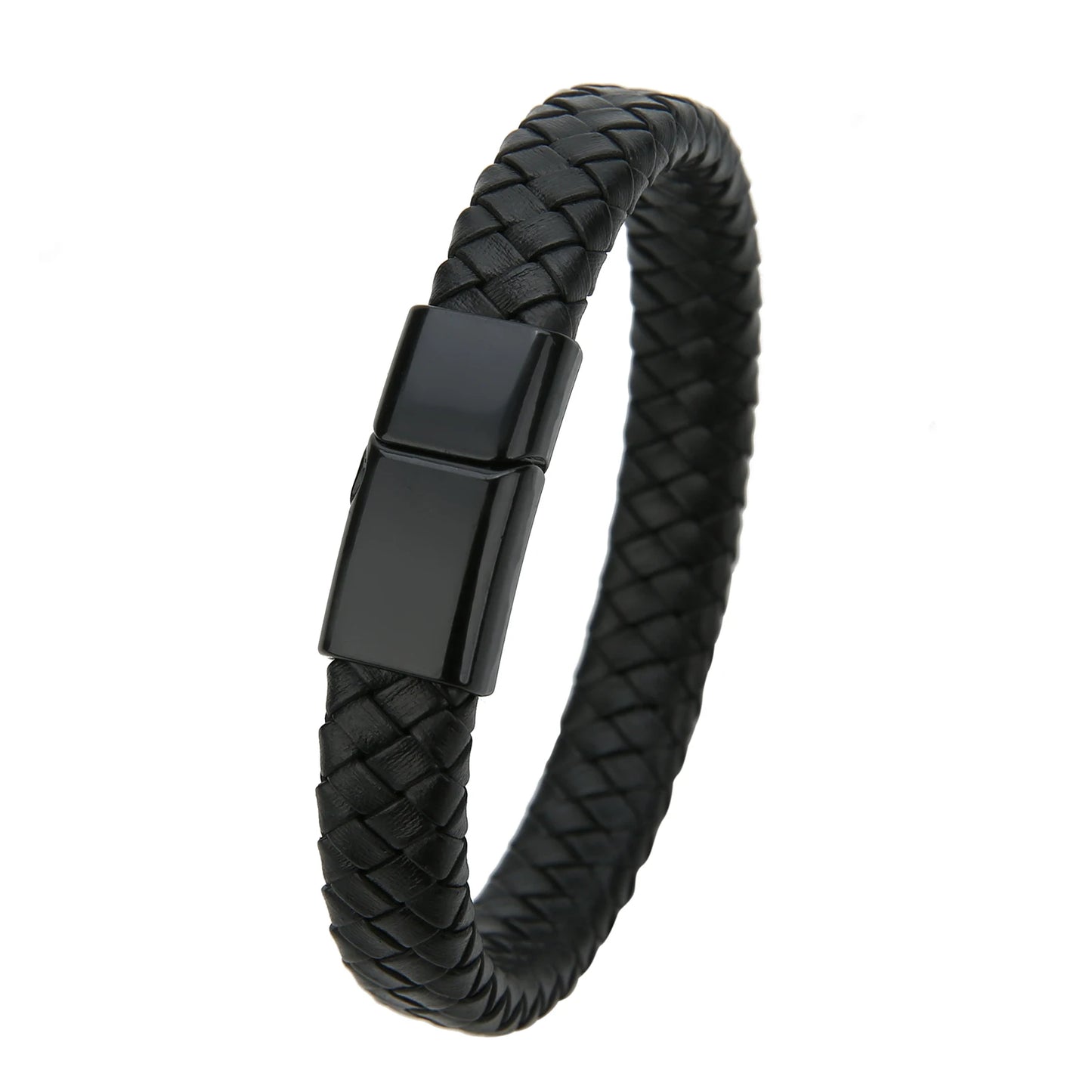 Mibrow Braided Black Leather Men Bracelet 10x5 12x6mm Size Fashion Metal Magnetic Clasp Wrap Bracelets Punk Charm Men Jewelry