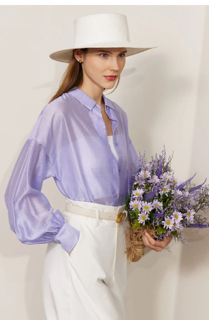 AMII Minimalist Blouse for Women 2023 Autumn Lantern Sleeve V-Neck Slightly Transparent Elegant Commuter Clothing Tops 72341030