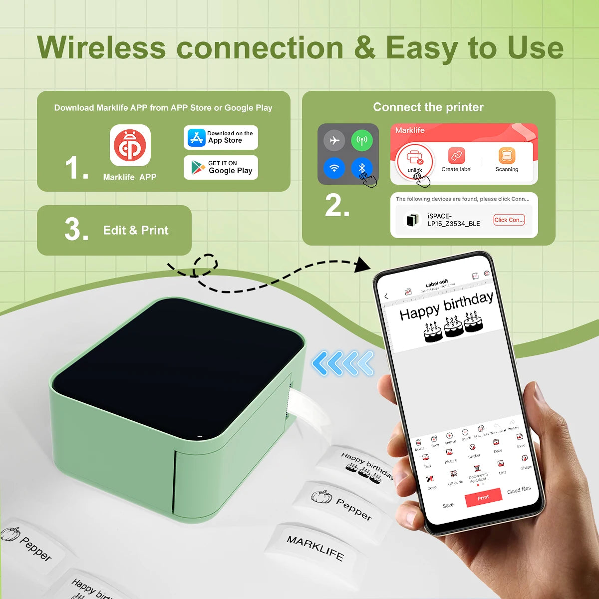 Marklife P15 Mini Thermal Printer Bluetooth Label Printer For Gift/Price/Tag/Sticker/Marking/ Home/Office/ School As D110/D30