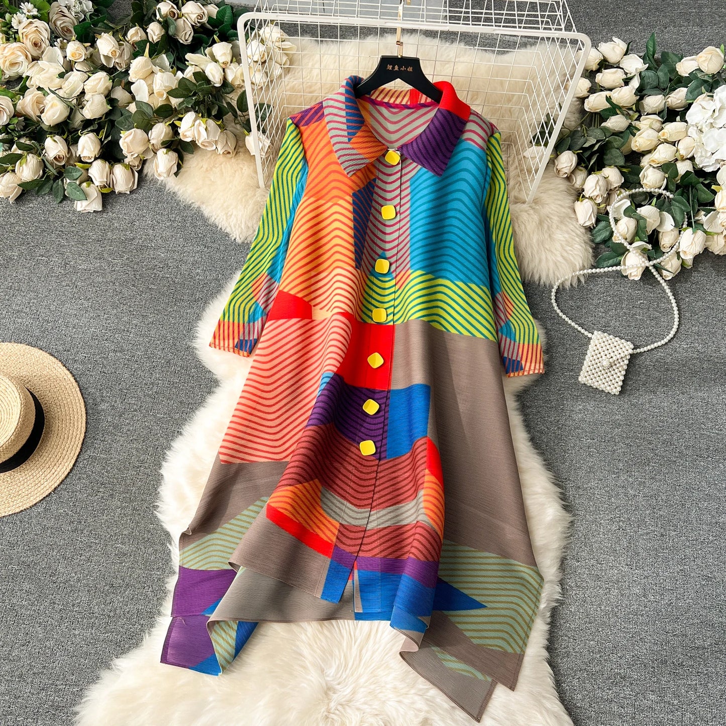 Miyake Pleated Drape Dress Women 2024 Spring Summer Colorblock Printing Lapel 3/4 Sleeve Single-breasted Fashion Shirt Dresses