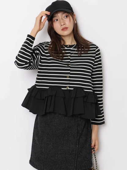 Fashionable Stripe Knitted Sweater Loose Fit Color Block Neckline Long Sleeve Women's Autumn Winter Casual Style Breathable