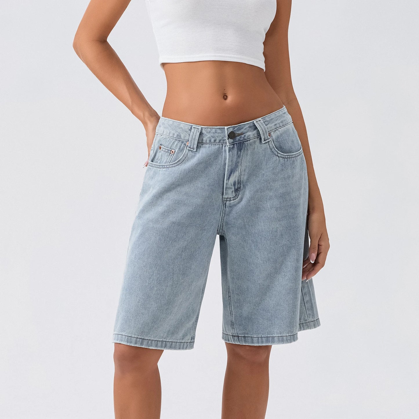 New Fashion Womens Knee Length Denim Shorts Loose Solid Color Low Rise Wide Leg Long Shorts With Pockets For Summer S-2XL