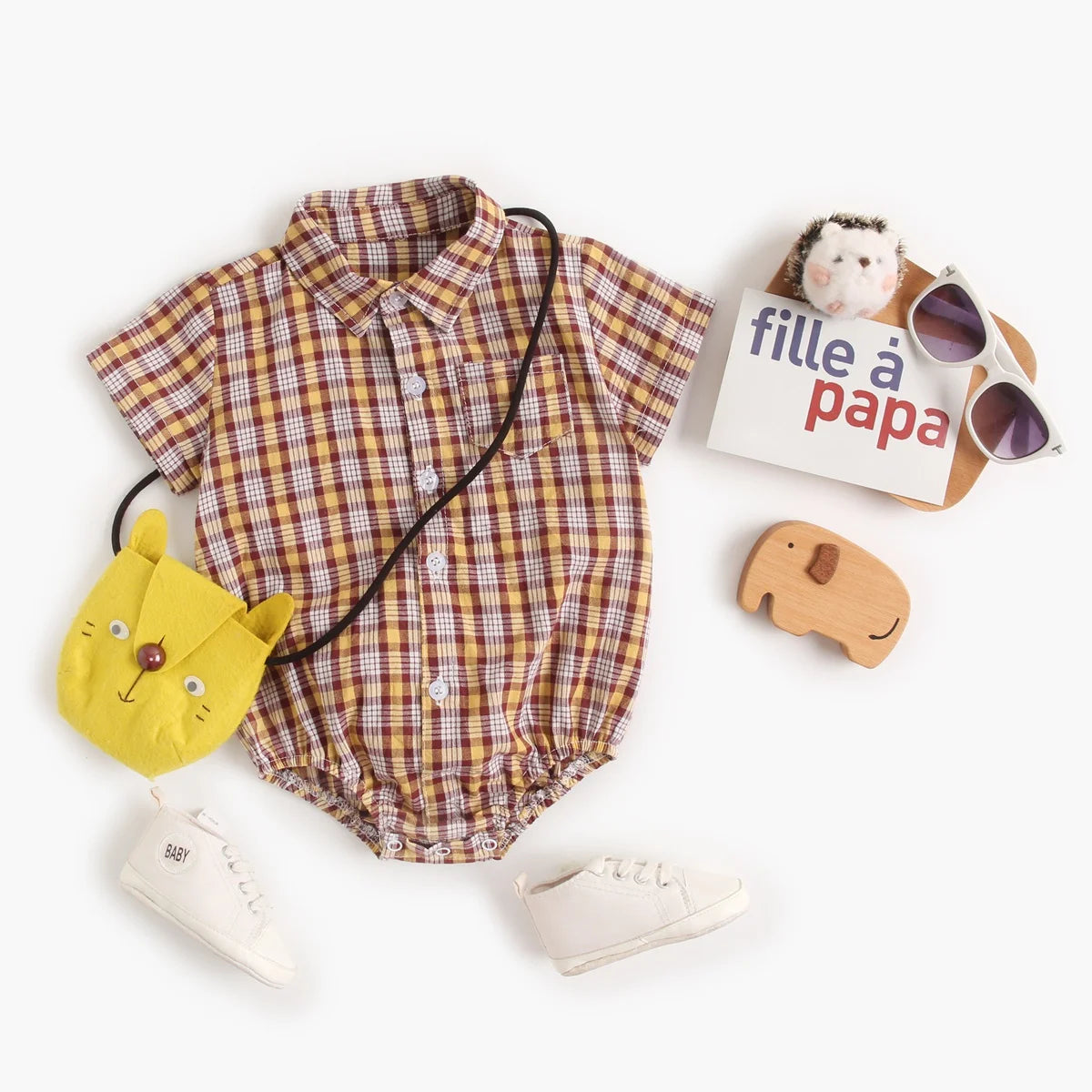 Baby Boys Bodysuit - Soft Cotton Fabric Summer Baby Bodysuit with Plaid Pattern