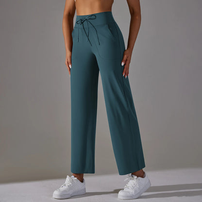 Women Leggings Wide Leg Flare Pants With Pockets Drawstring Sports Trousers High Waist Flared Yoga Leggings Fitness Running Jogg