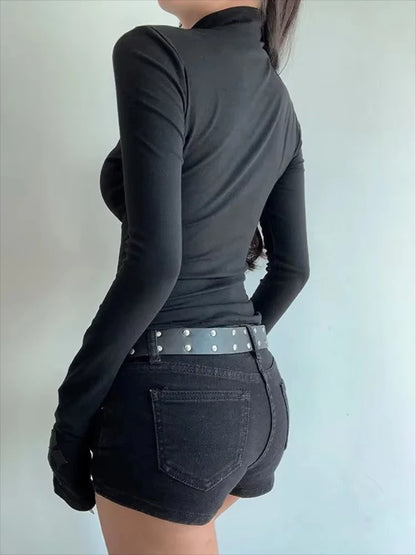 Turtleneck Top Y2k Clothes Black Gothic Cross Hollow Slimming Bottom TShirt Women Long Sleeve Sexy T-shirt Girls Tops Subculture