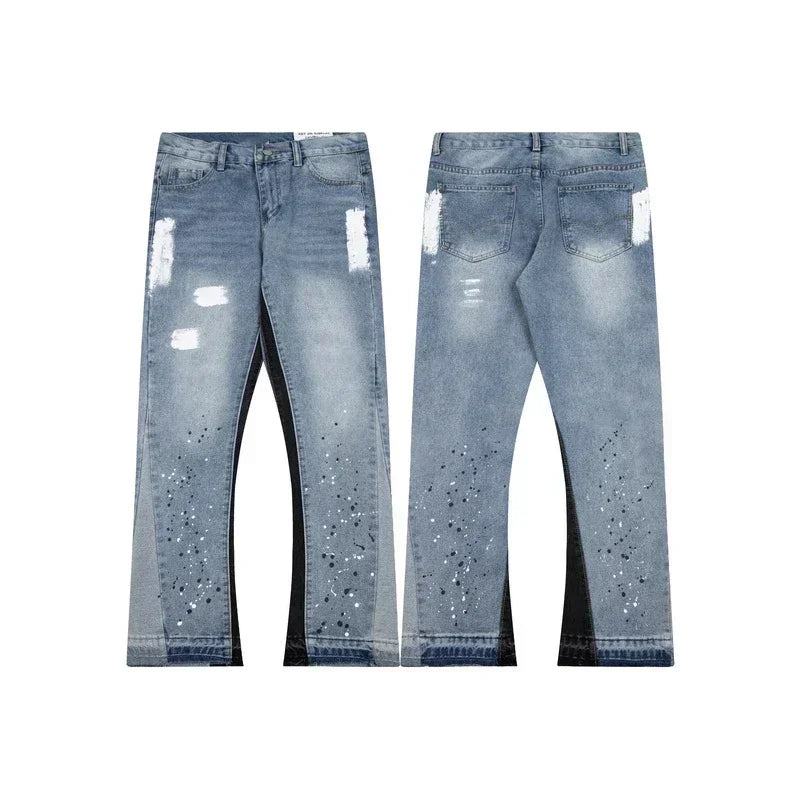 American Streetwear Splashed Ink Patchwork Baggy Jeans Men Women Clothing Tie Dye Trendy Pants Straight Slim Micro-flard Pants