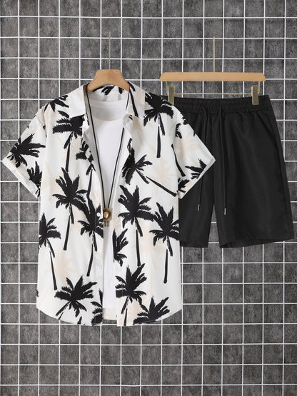 2-pack, men's short-sleeved button-down shirt with a lapel and printed pattern, paired with drawstring pants, for trendy, casual
