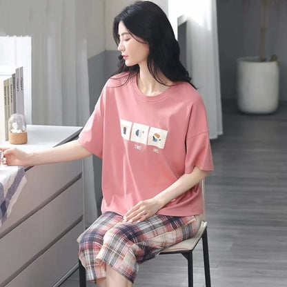 Women's Summer Pyjamas: Short-Sleeved Top and Cropped Trousers, Plus Size, Boho-Chic Checked Set, Loungewear, Women's Underwear