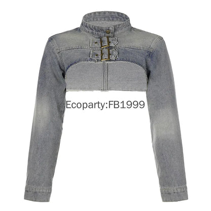 Women Fashion Denim Jacket Y2K Aesthetic Vintage Sexy Crop Tops Coat Japanese Harajuku Streetwear Female Spring Summer Outerwear