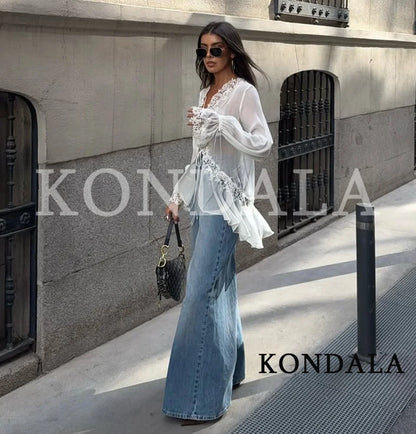 KONDALA Chic Lace Crochet Splicing See-through Shirts Women Elegant Leisure Lace-up Shirts 2026 Summer Trendy Lady Ruffles Shirt
