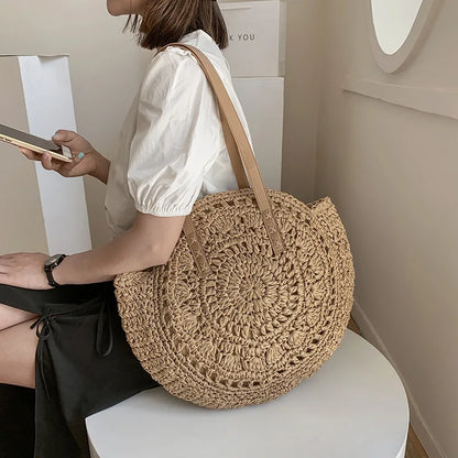 Vintage Woven Straw Beach Bag - Handmade Raffia Rattan Shoulder Bag