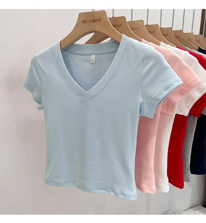 Summer Sexy V-neck Slim T Shirt Women Cotton Basic Solid Crop Tops Female Casual Tops Short Sleeve T-shirts 2026