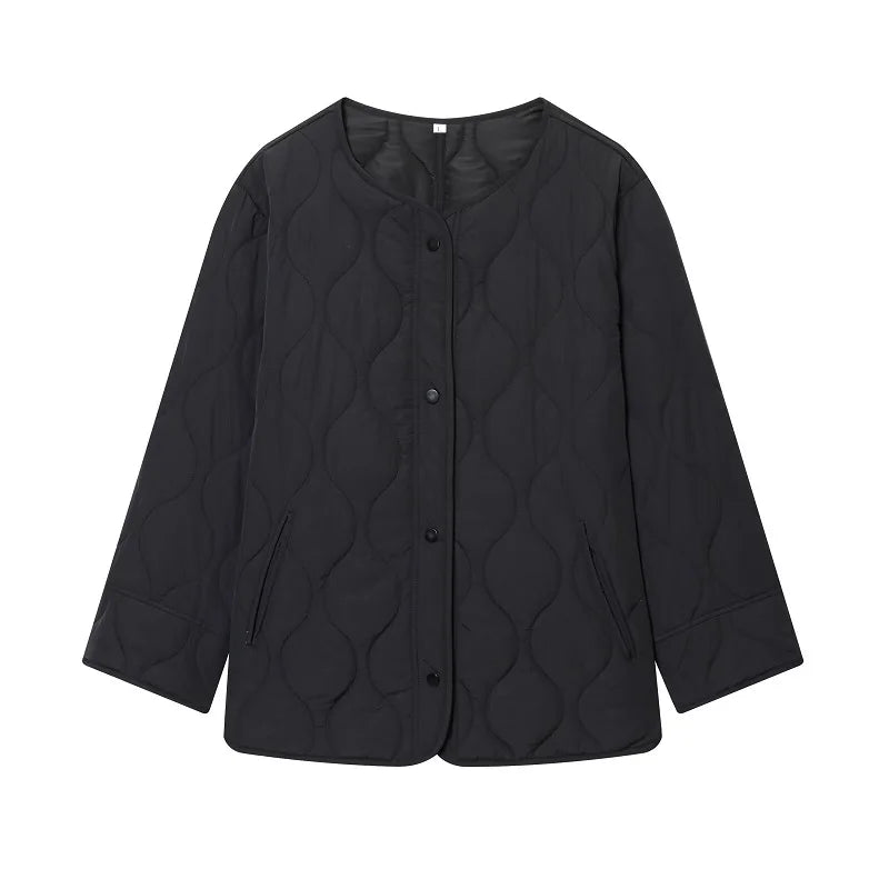 Quilted Jacket Women - Warm Winter Padded Coat With Covered Button Closure