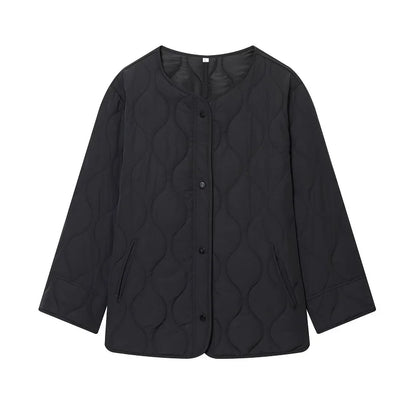 Quilted Jacket Women - Warm Winter Padded Coat With Covered Button Closure