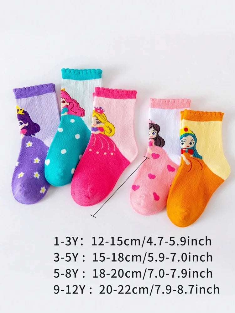 5 Pairs of Kidsren's Cartoon Socks, Autumn and Winter Baby Cute Princess Socks, Spring and Summer Girls Can Wear Soft Mid-calf Socks