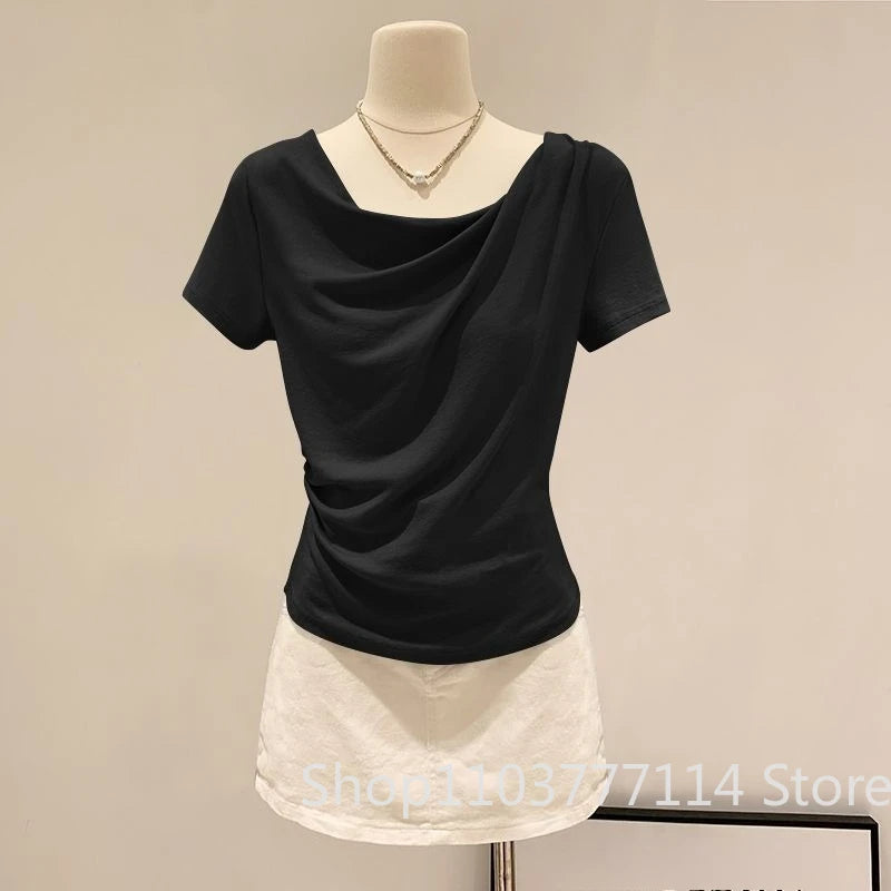 Summer Off Shoulder Top Women Summer Fashion Versatile Base Shirt Plus Size Slim Fit Short-sleeved T-shirt Casual and Sexy Beach