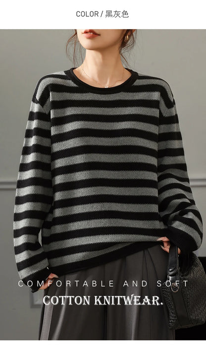Fashion 100% pure cotton women's sweater autumn and winter casual striped knitted top loose Korean round neck women's pullover