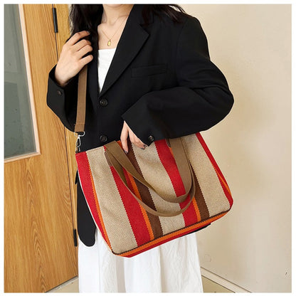 Striped Canvas Tote - Women's Crossbody Shoulder Bag With Zipper Closure, Versatile Daily Use