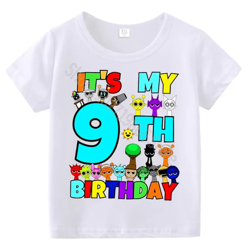 Kids Birthday Cute Cartoon Characters Graphic T-Shirt, Soft Cotton Crew Neck Tee, Casual Party Wear for Boys & Girlsdf0019