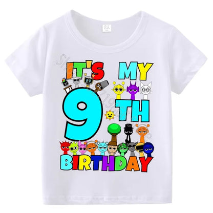 Kids Birthday Cute Cartoon Characters Graphic T-Shirt, Soft Cotton Crew Neck Tee, Casual Party Wear for Boys & Girlsdf0019