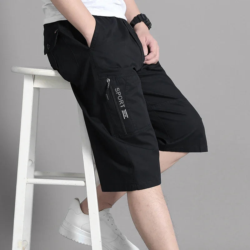 Mens Cargo Shorts - Knee Length Cotton Shorts With Zipper Pockets & Elastic Waist