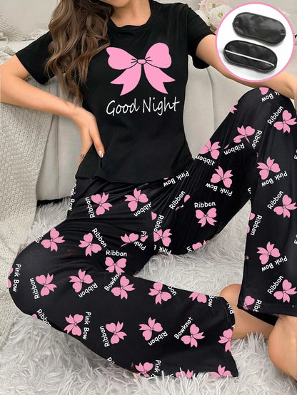Women's new style bow print short-sleeved trousers two-piece casual comfort home wear eye mask pajamas set