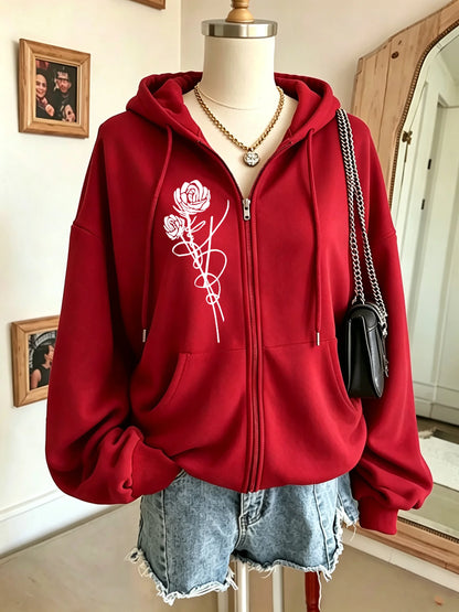 Roses And Positive Short Sentences Printing Zipper Hoodies Women Autumn Korean Hoodie Loose Pocket Sportswear Fleece Clothing