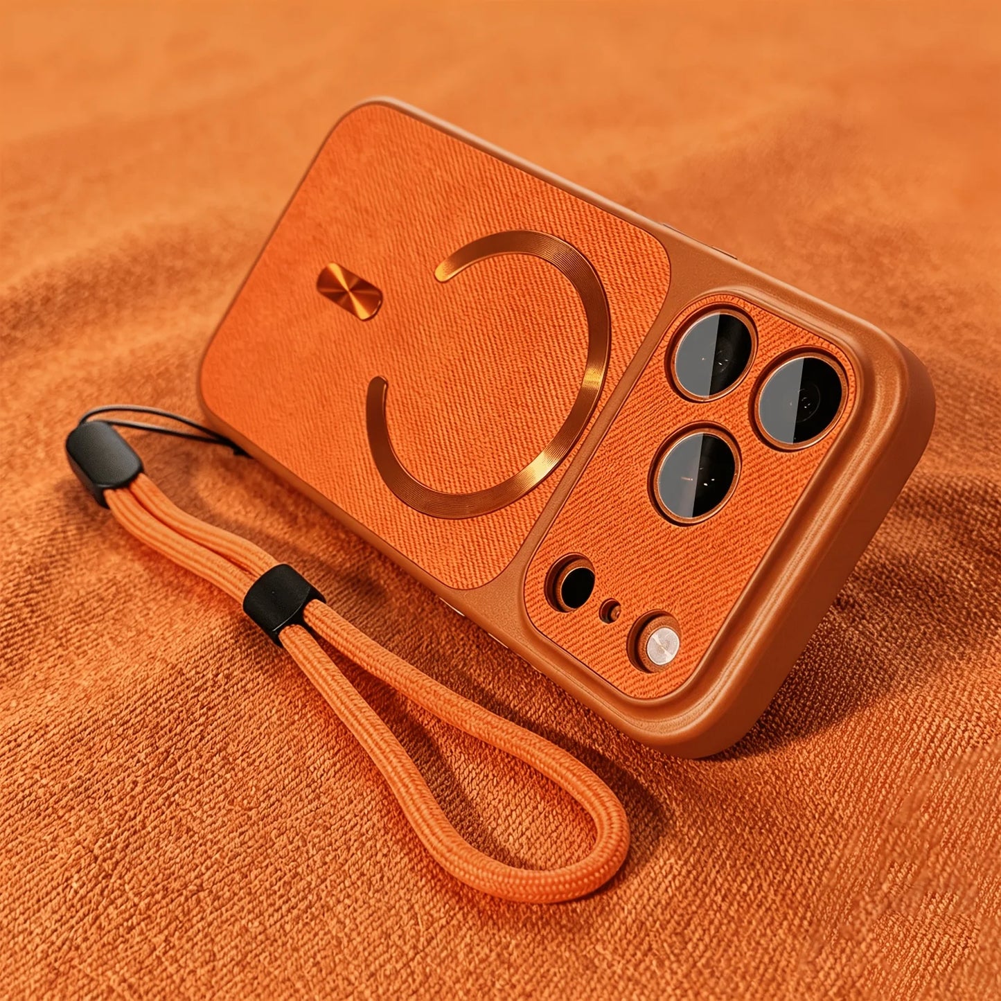 Luxury Orange Fabric Magnetic Phone Case For iPhone 17 Air 16 15 14 13 Pro Max Shockproof Protective Cover With Hand Lanyard