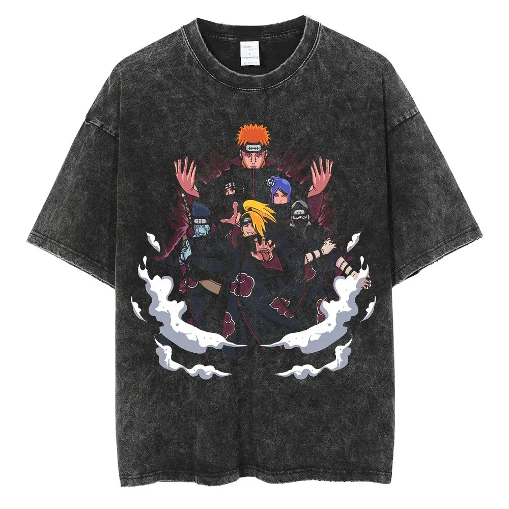 Men Harajuku Streetwear Vintage Black Tshirt Anime Naruto Print T-Shirt Summer Fashion Cotton Tops Tees Loose Washed Clothing