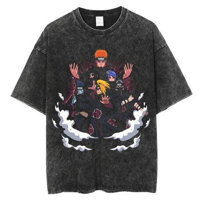 Men Harajuku Streetwear Vintage Black Tshirt Anime Naruto Print T-Shirt Summer Fashion Cotton Tops Tees Loose Washed Clothing