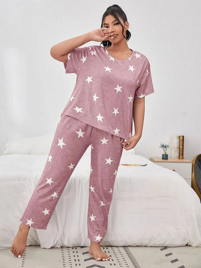 5XL Big Size Pajamas For Women Summer Autumn Faux Cotton Pajama Set  Short Sleeved Casual Loose Luxury Print Sleepwear Pijama