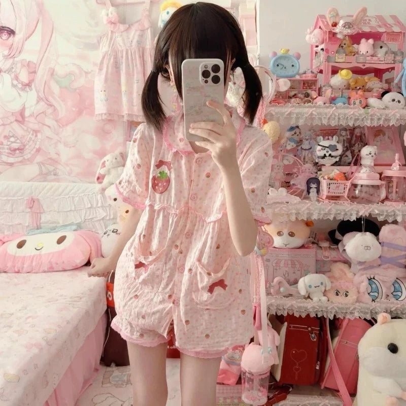 Japanese Kawaii Lolita Style Strawberry Embroidery Pajamas Set Ladies Short Sleeve Tops Shorts Sweet Summer Homewear Outfit