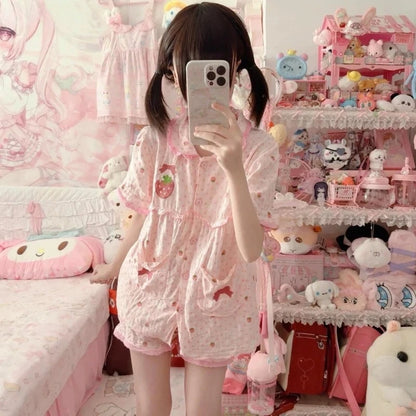 Japanese Kawaii Lolita Style Strawberry Embroidery Pajamas Set Ladies Short Sleeve Tops Shorts Sweet Summer Homewear Outfit
