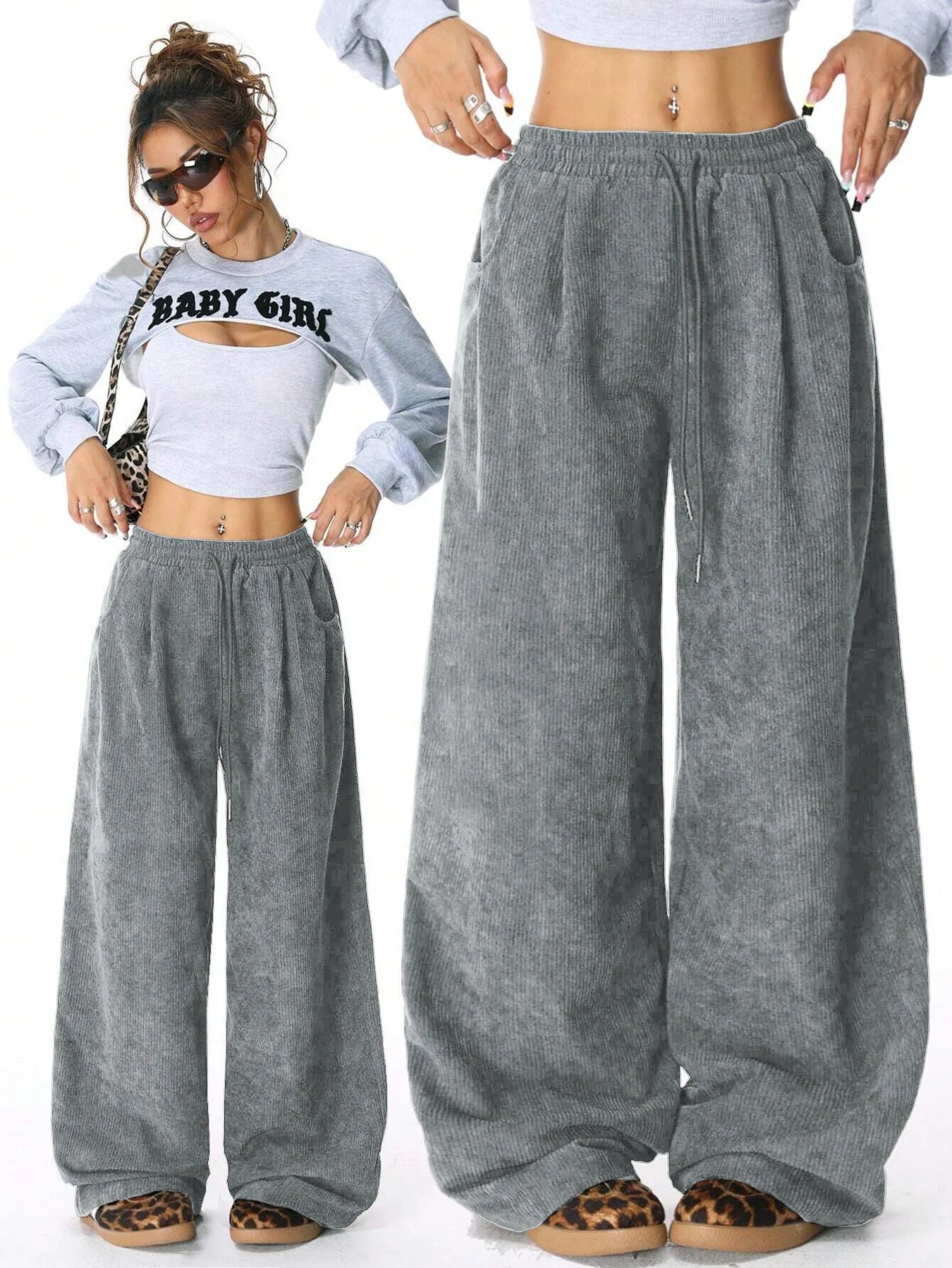 Women's Retro Corduroy Cargo Pants Casual Drawstring Straight Sports Pants Drape Daily Commuting Wide Leg Pants