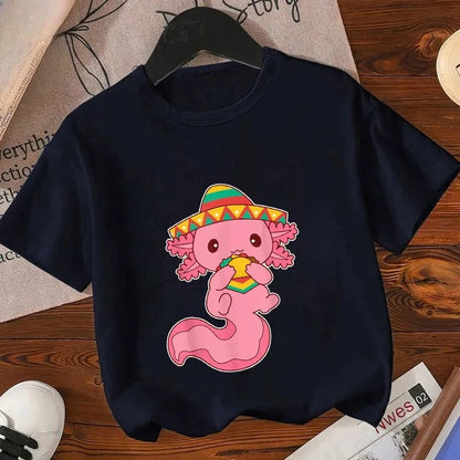 Axolotl Kawaii T Shirt Kid Summer Fashion T Shirt Children Streetwear Boba Axolotl Anime Casual Child Clothing Bithday Tshirts