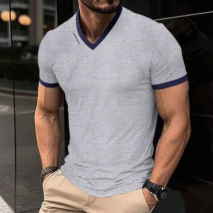 Men's V-Neck T-Shirt - Breathable Polyester Casual Tee, Solid Color Summer Top