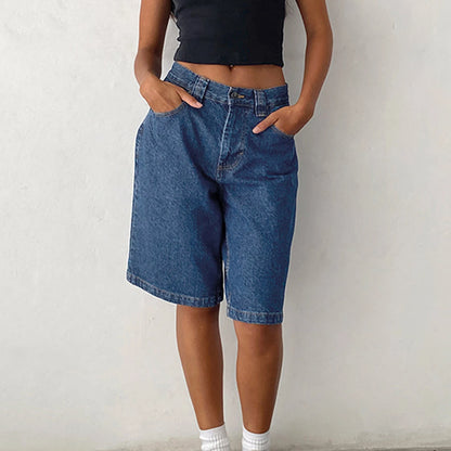 New Fashion Womens Knee Length Denim Shorts Loose Solid Color Low Rise Wide Leg Long Shorts With Pockets For Summer S-2XL